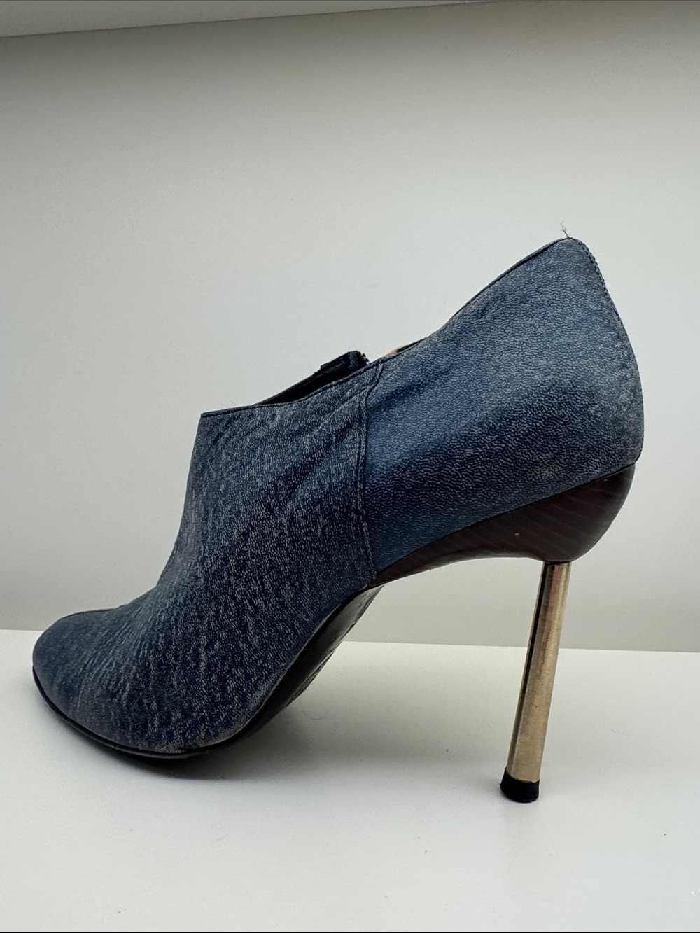 Versace Denim Leather Ankle High Heel Bootie with silver Stiletto